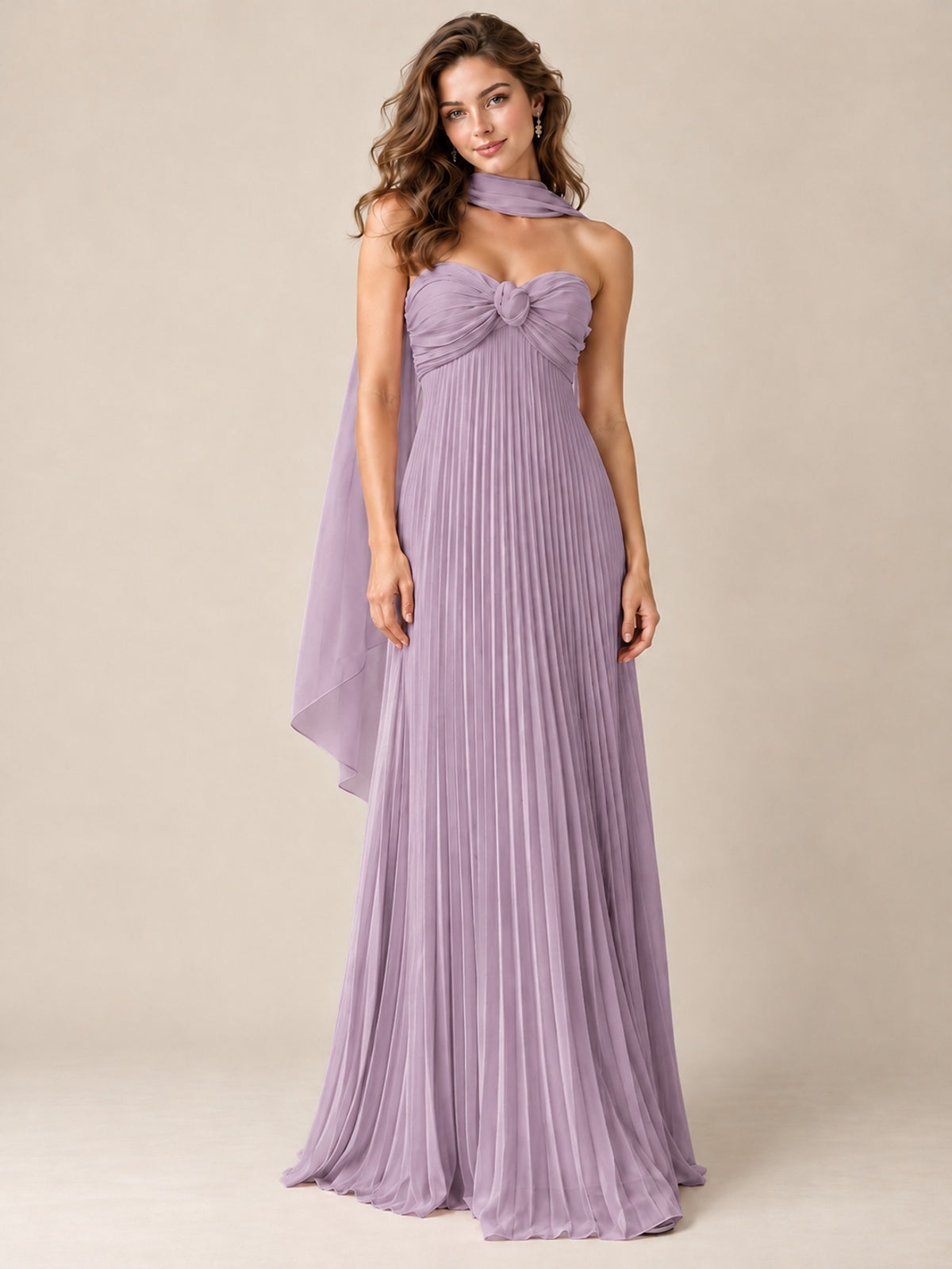 Sweetheart Neckline Pleated Prom Dress Strapless A-line Formal Dress with Flowy Scarf