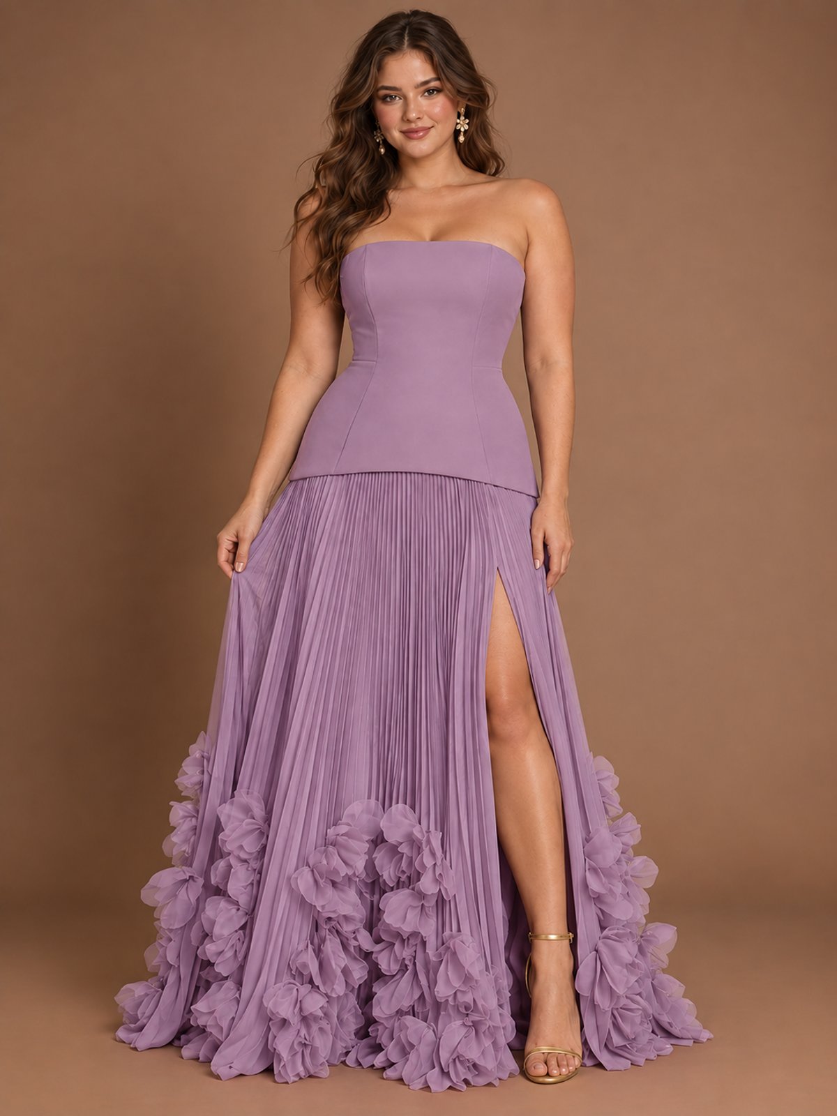 Strapless Pleated Floral Satin Formal Dress with Side Slit