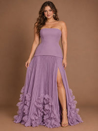 Strapless Pleated Floral Satin Formal Dress with Side Slit