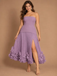 Navy Blue Strapless Pleated A-Line Midi Dress with 3D Floral Applique