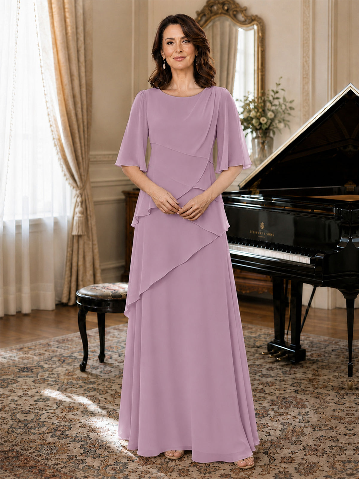 Asymmetric Draped Chiffon Mother of the Bride Dress with Flutter Sleeves
