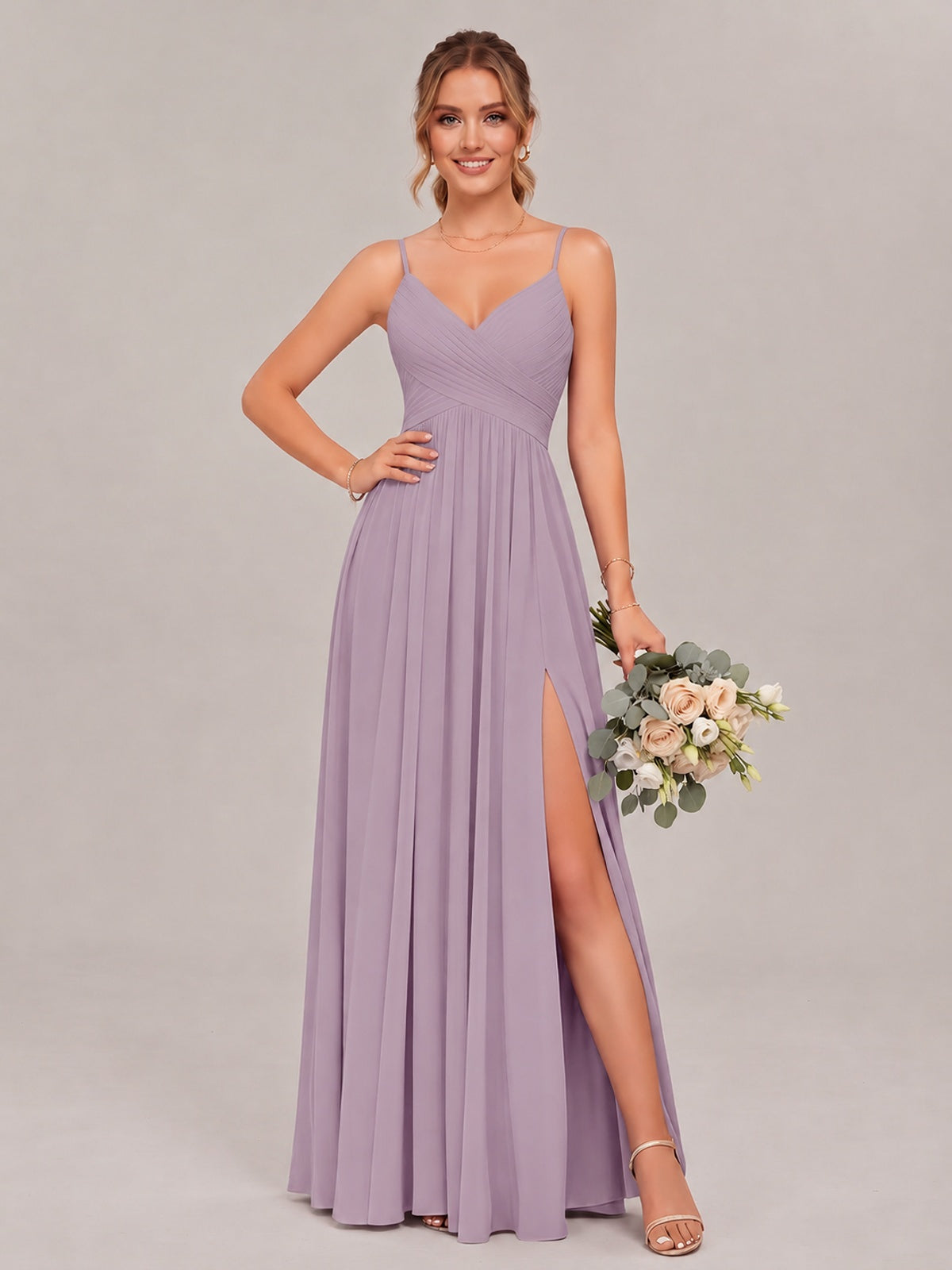 Dusty Purple Spaghetti Straps Pleated Chiffon Bridesmaid Dress with Slit V-Neck A-line Long Formal Evening Wedding Guest Gown