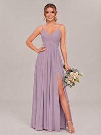 Dusty Purple Spaghetti Straps Pleated Chiffon Bridesmaid Dress with Slit V-Neck A-line Long Formal Evening Wedding Guest Gown
