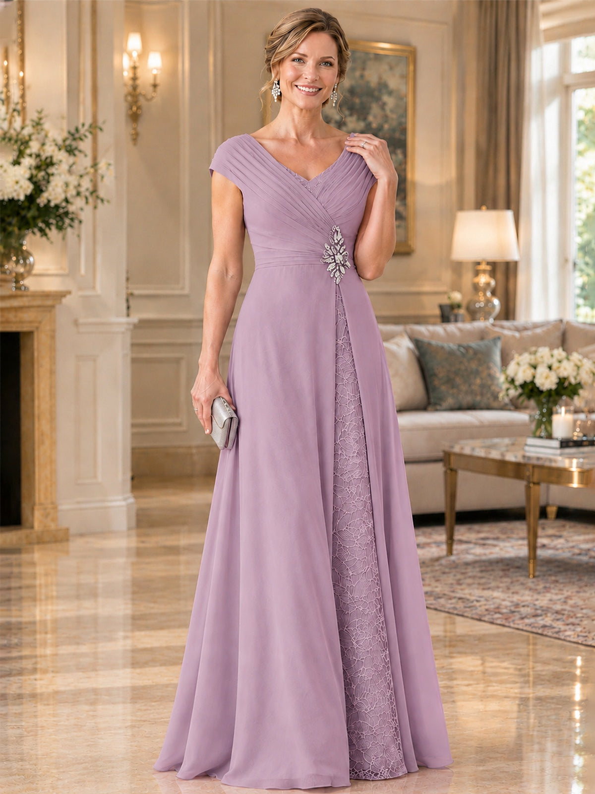 Pleated Chiffon Lace Mother of The Bride Dresses with Beading Cap Sleeves