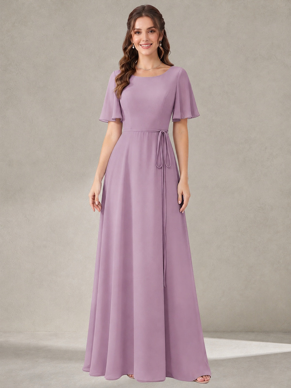 Dusty Purple Scoop Neck A-line Chiffon Bridesmaid Dress with Belt Flutter Sleeve Formal Wedding Guest Dress Evening Gown