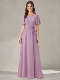 Dusty Purple Scoop Neck A-line Chiffon Bridesmaid Dress with Belt Flutter Sleeve Formal Wedding Guest Dress Evening Gown