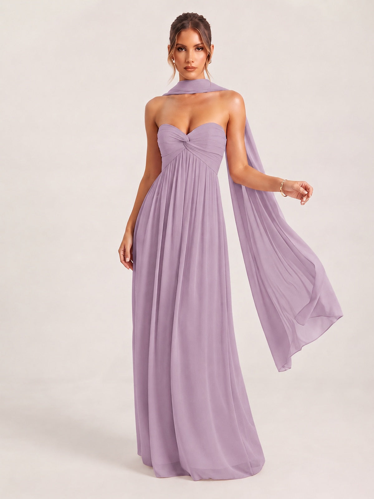 Dusty Purple Strapless Ruched Chiffon Long Prom Dress with Scarf A-line Sweetheart Ruffled Formal Wedding Guest Dress Evening Gown