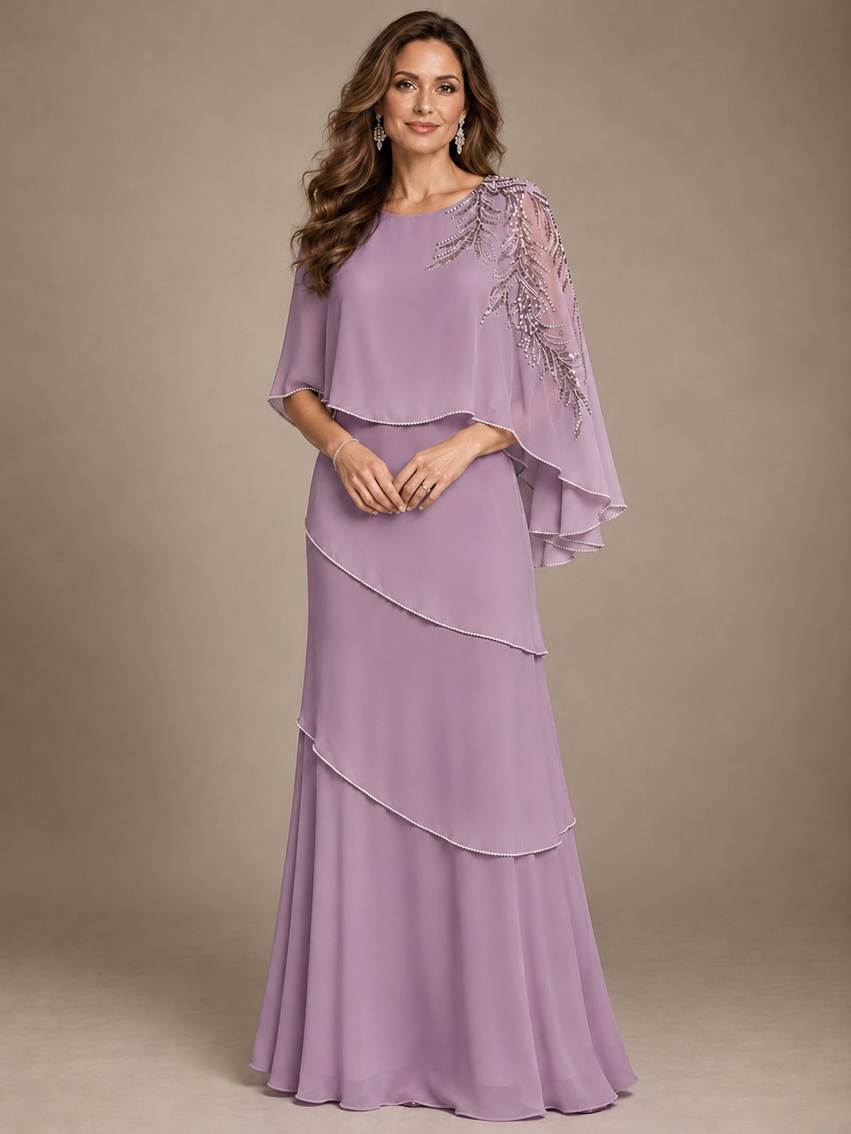 Elegant Chiffon Cape Sleeve Beaded Mother of the Bride Dress