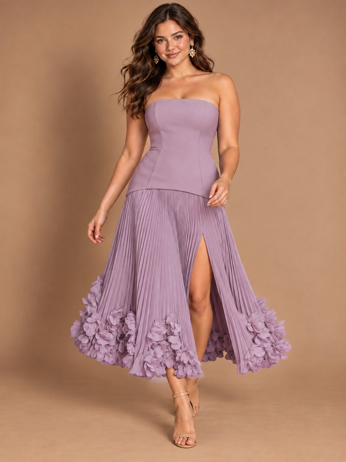 Navy Blue Strapless Pleated A-Line Midi Dress with 3D Floral Applique