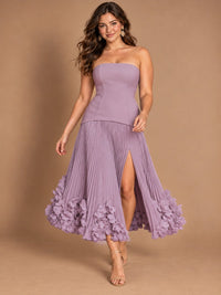Navy Blue Strapless Pleated A-Line Midi Dress with 3D Floral Applique