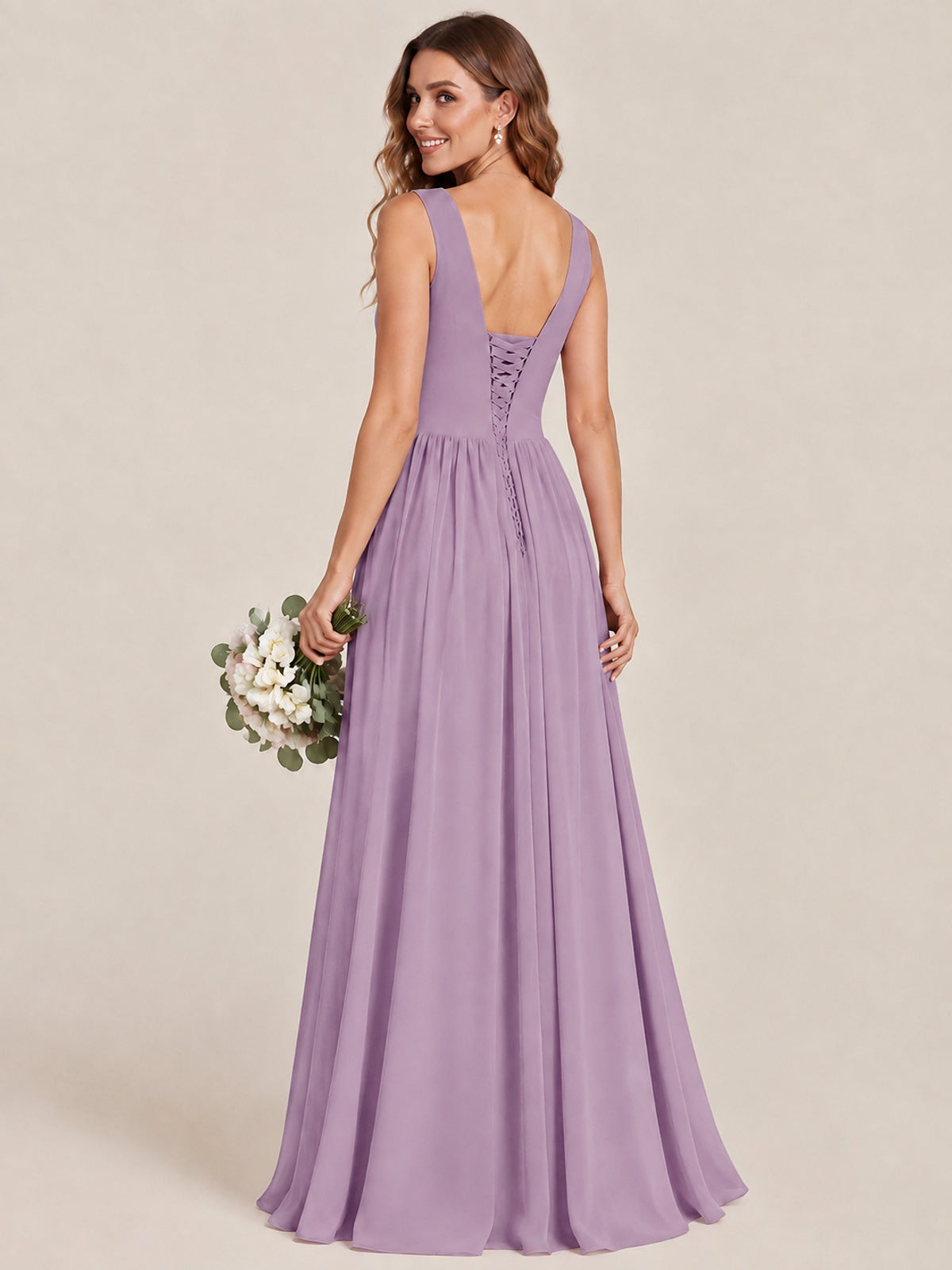 A-line Sleeveless Rucehd Chiffon Bridesmaid Dress with High Slit