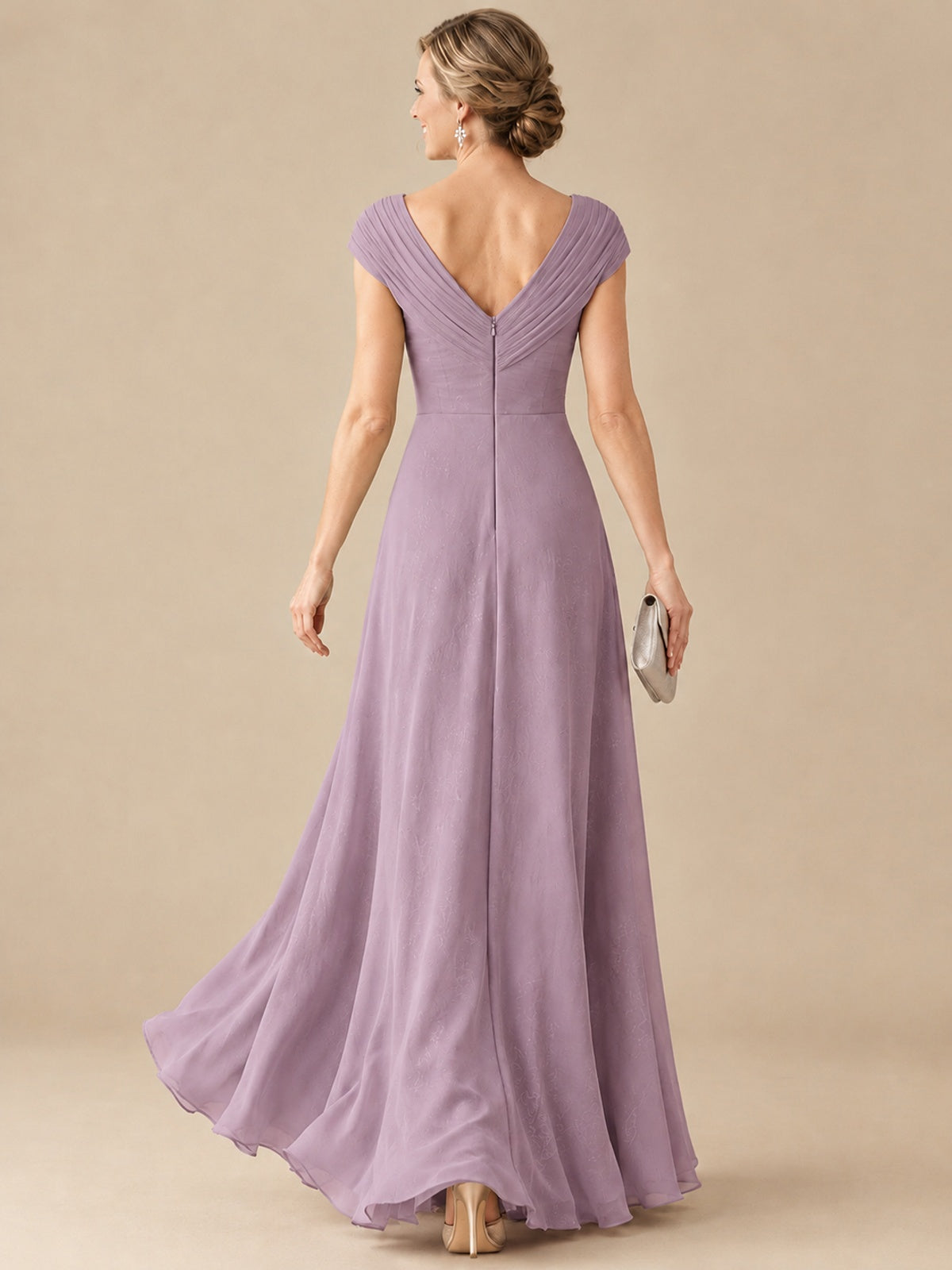 Pleated Chiffon Lace Mother of The Bride Dresses with Beading Cap Sleeves