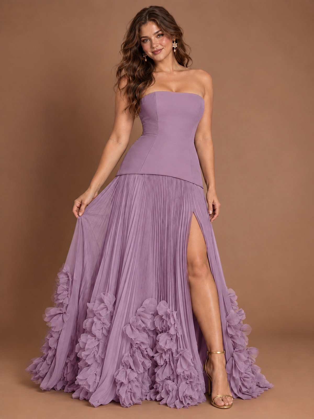 Strapless Pleated Floral Satin Formal Dress with Side Slit