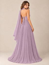 Sweetheart Neckline Pleated Prom Dress Strapless A-line Formal Dress with Flowy Scarf