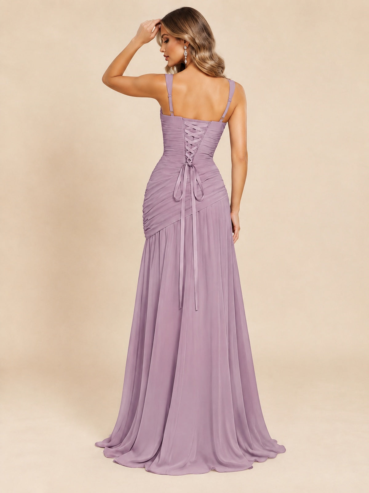 Wrap Pleated Prom Dress Scoop Neck with Slit Women Wedding Formal Dress