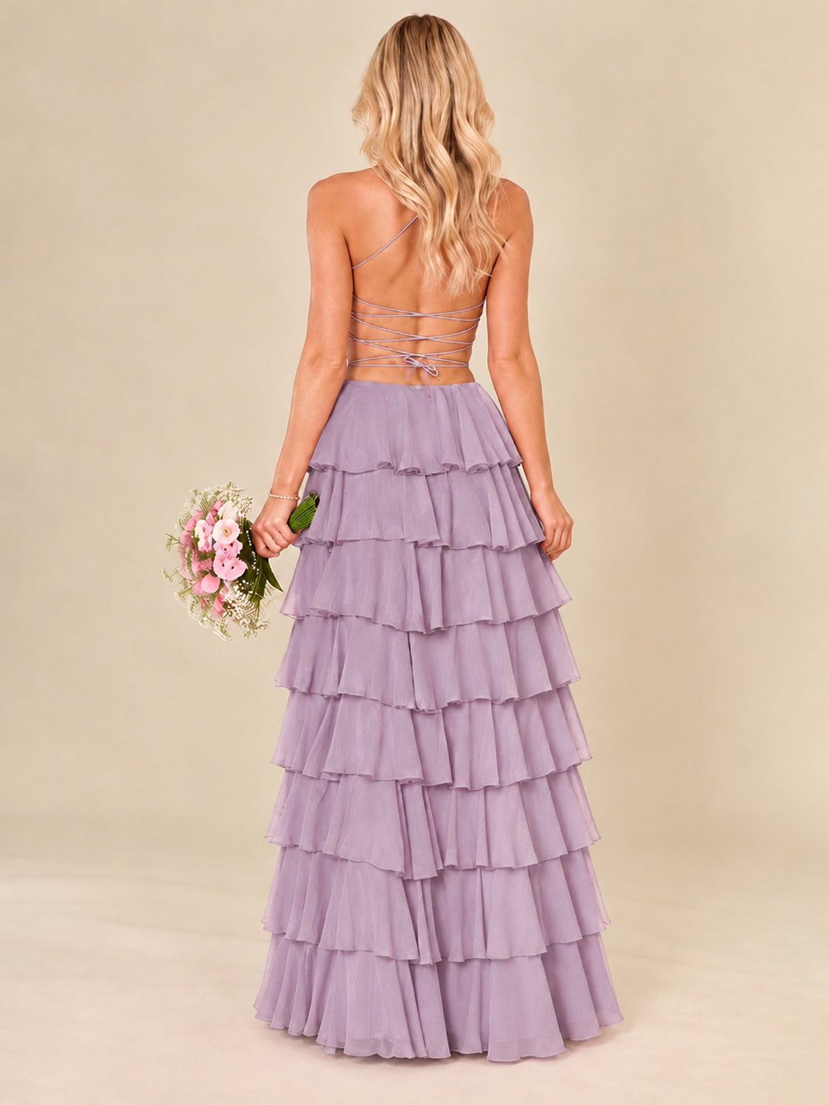 Ruffled Tiered Chiffon Prom Dress Spaghetti Straps Formal Maxi Dress with Slit