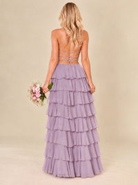 Ruffled Tiered Chiffon Prom Dress Spaghetti Straps Formal Maxi Dress with Slit