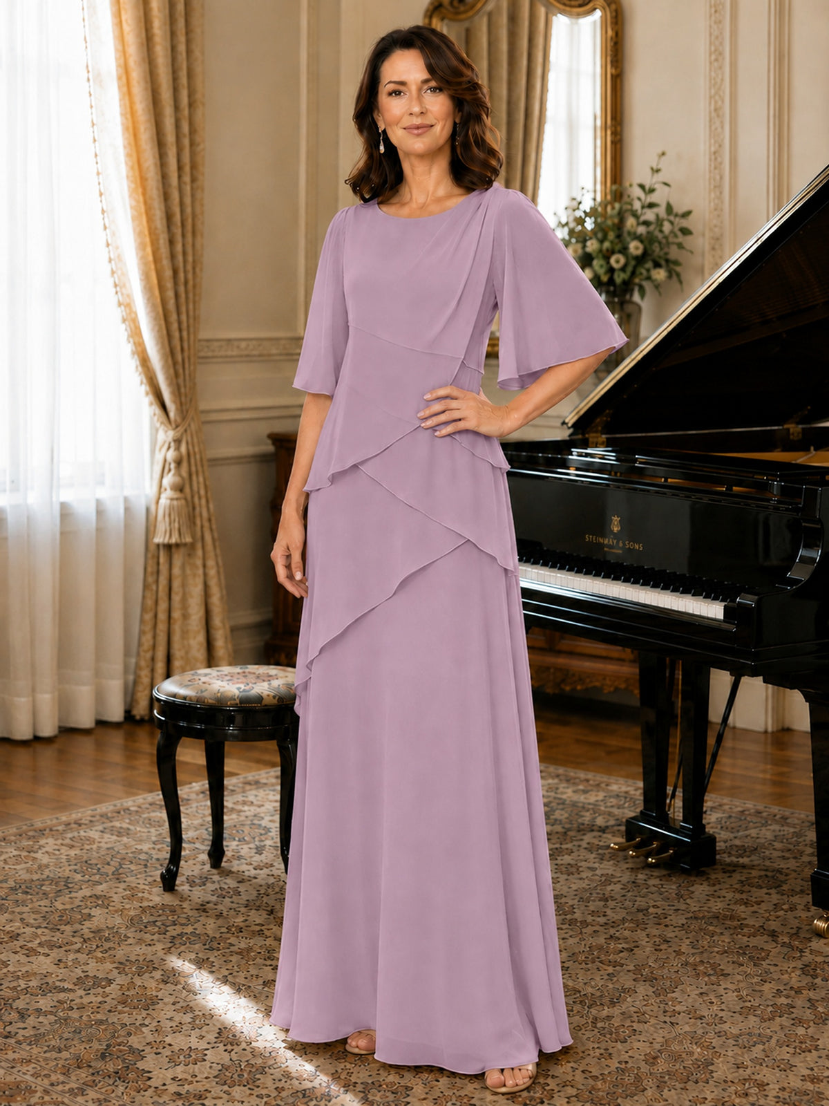 Asymmetric Draped Chiffon Mother of the Bride Dress with Flutter Sleeves
