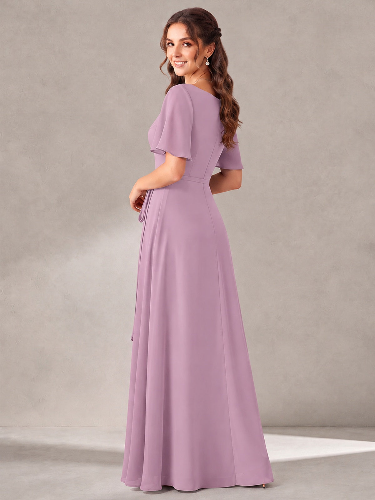 Scoop Neck A-line Chiffon Bridesmaid Dress with Flutter Sleeve & Belt