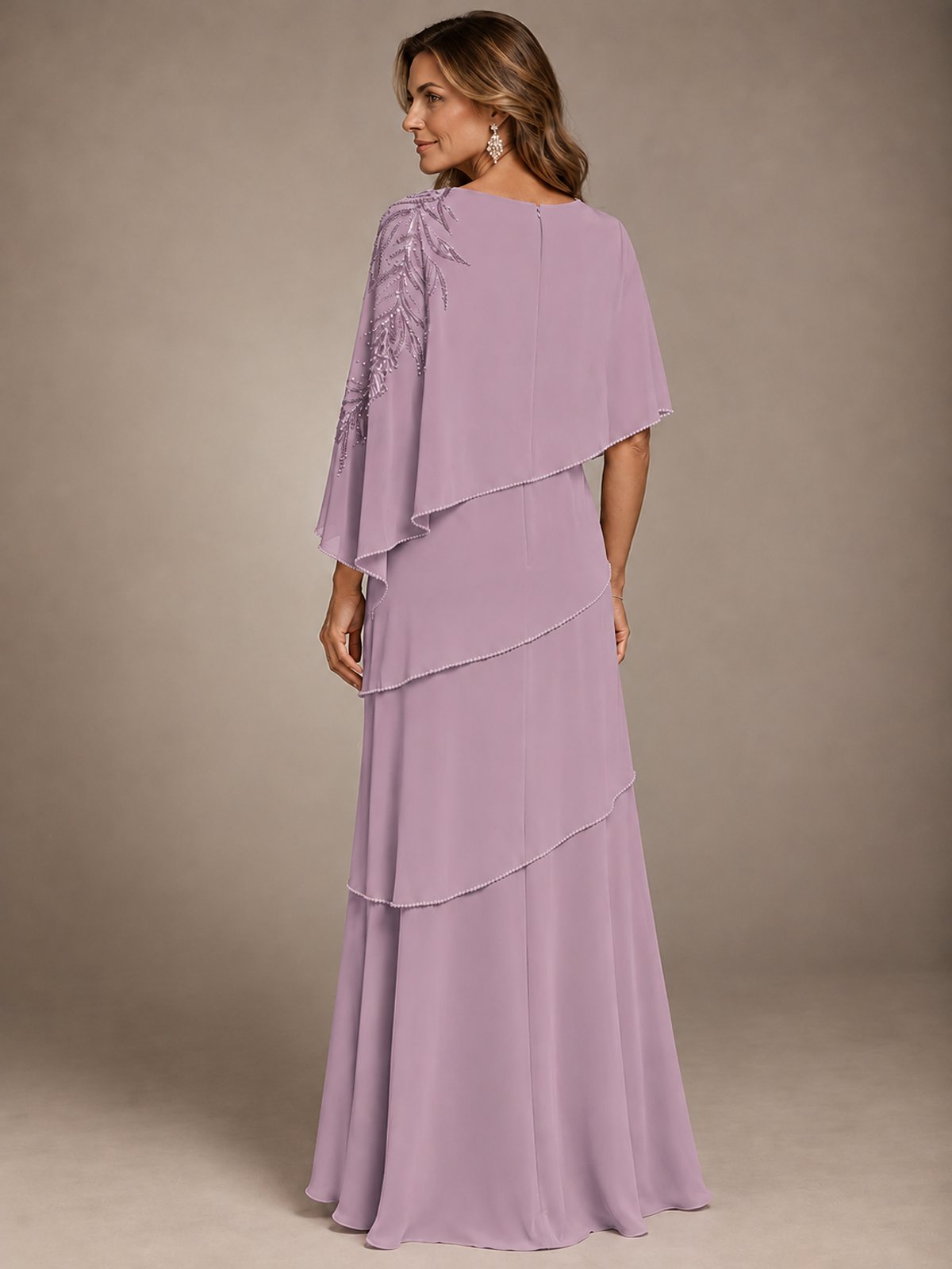 Elegant Chiffon Cape Sleeve Beaded Mother of the Bride Dress