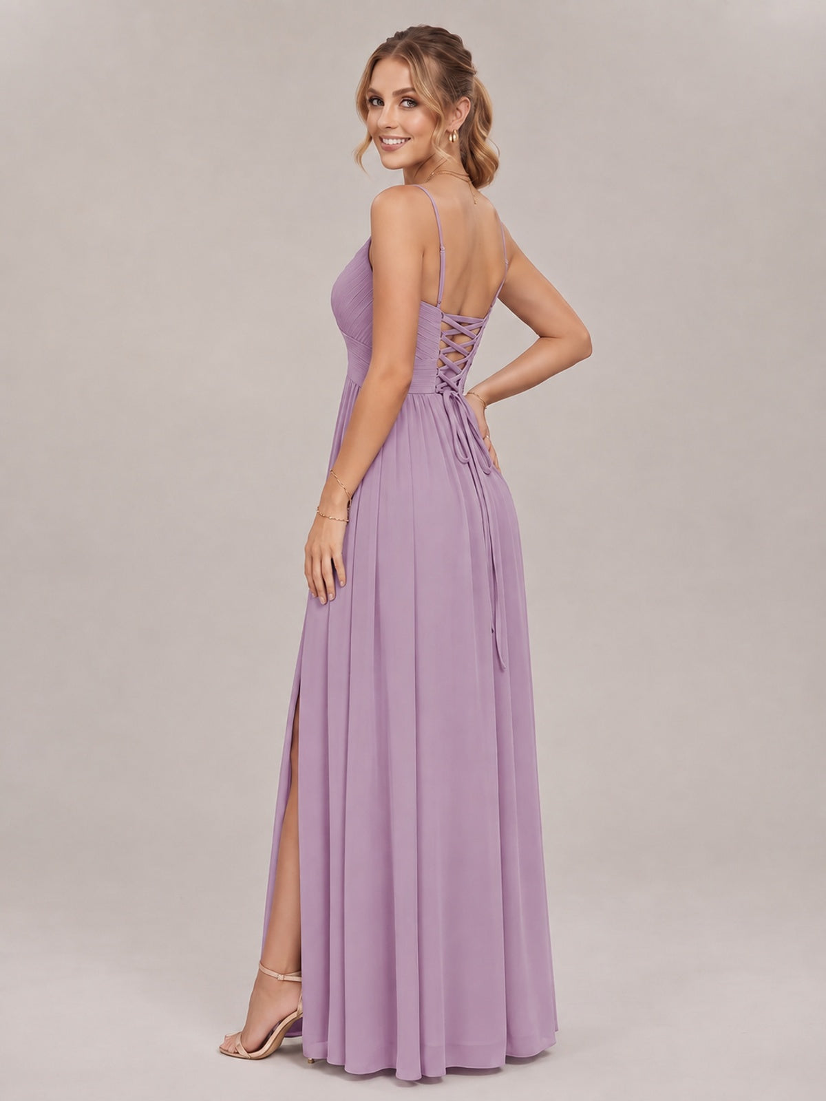 V-Neck Pleated Chiffon Long Bridesmaid Dress with Slit