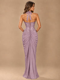Sweetheart Halter Prom Dress Pleated Lace Floral Formal Dress with Slit