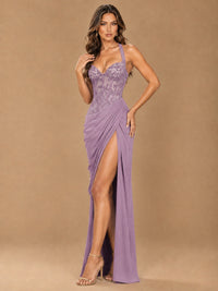 Sweetheart Halter Prom Dress Pleated Lace Floral Formal Dress with Slit