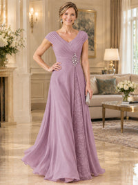 Pleated Chiffon Lace Mother of The Bride Dresses with Beading Cap Sleeves