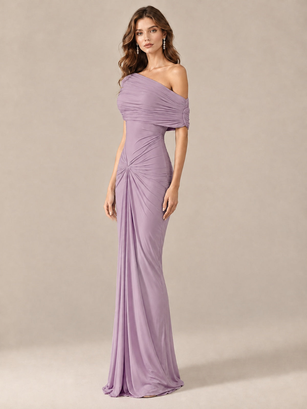Elegant Draped Off Shoulder Ruched Mermaid Chiffon Formal Evening Gown