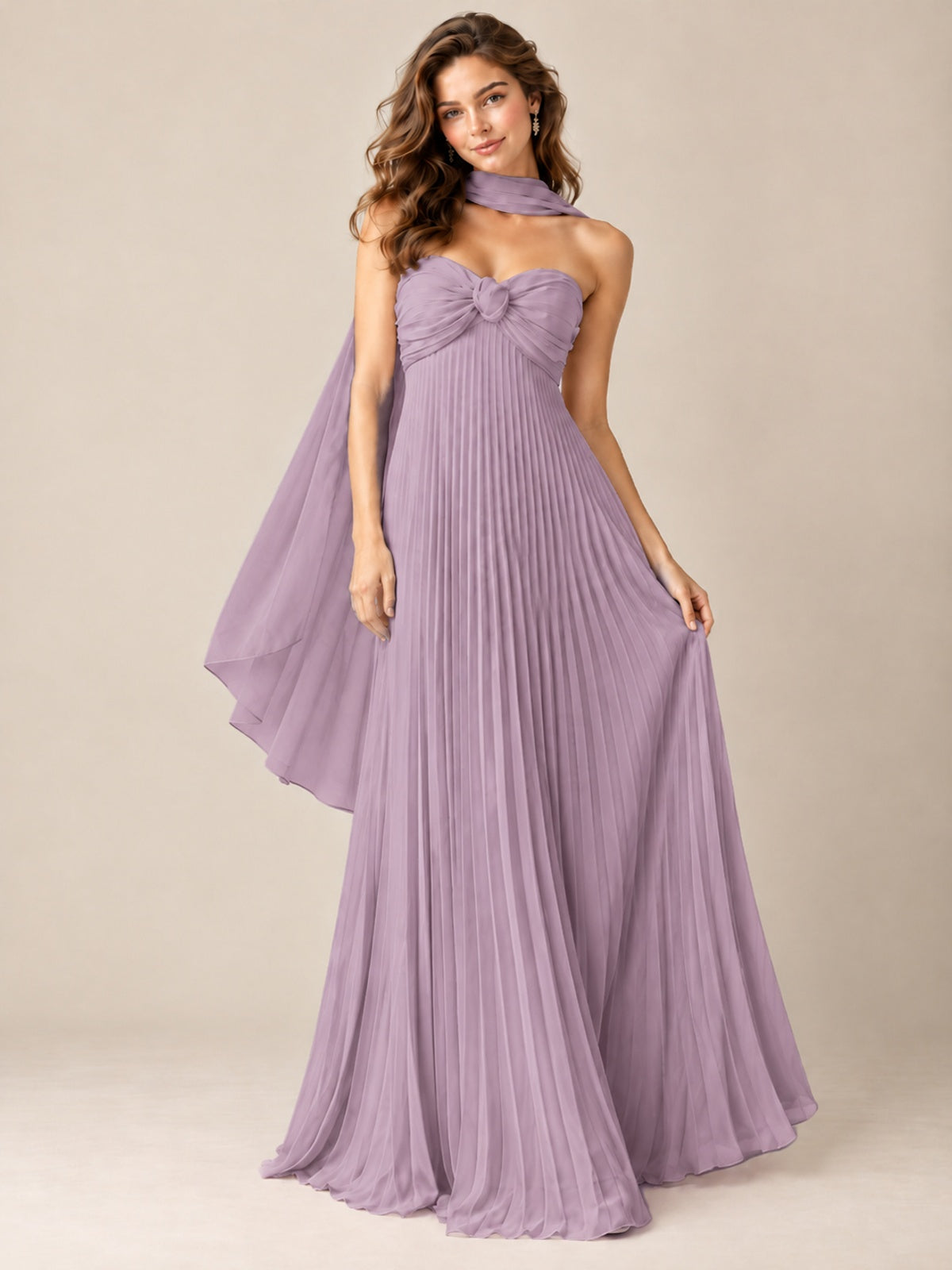 Sweetheart Neckline Pleated Prom Dress Strapless A-line Formal Dress with Flowy Scarf