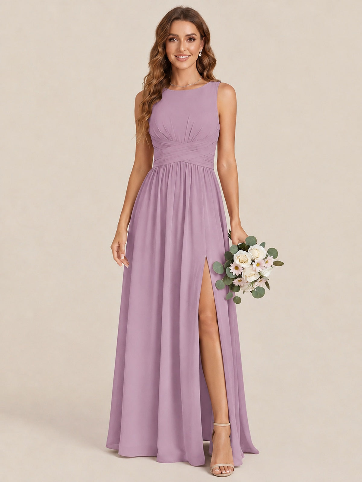 A-line Sleeveless Rucehd Chiffon Bridesmaid Dress with High Slit