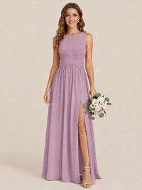 A-line Sleeveless Rucehd Chiffon Bridesmaid Dress with High Slit