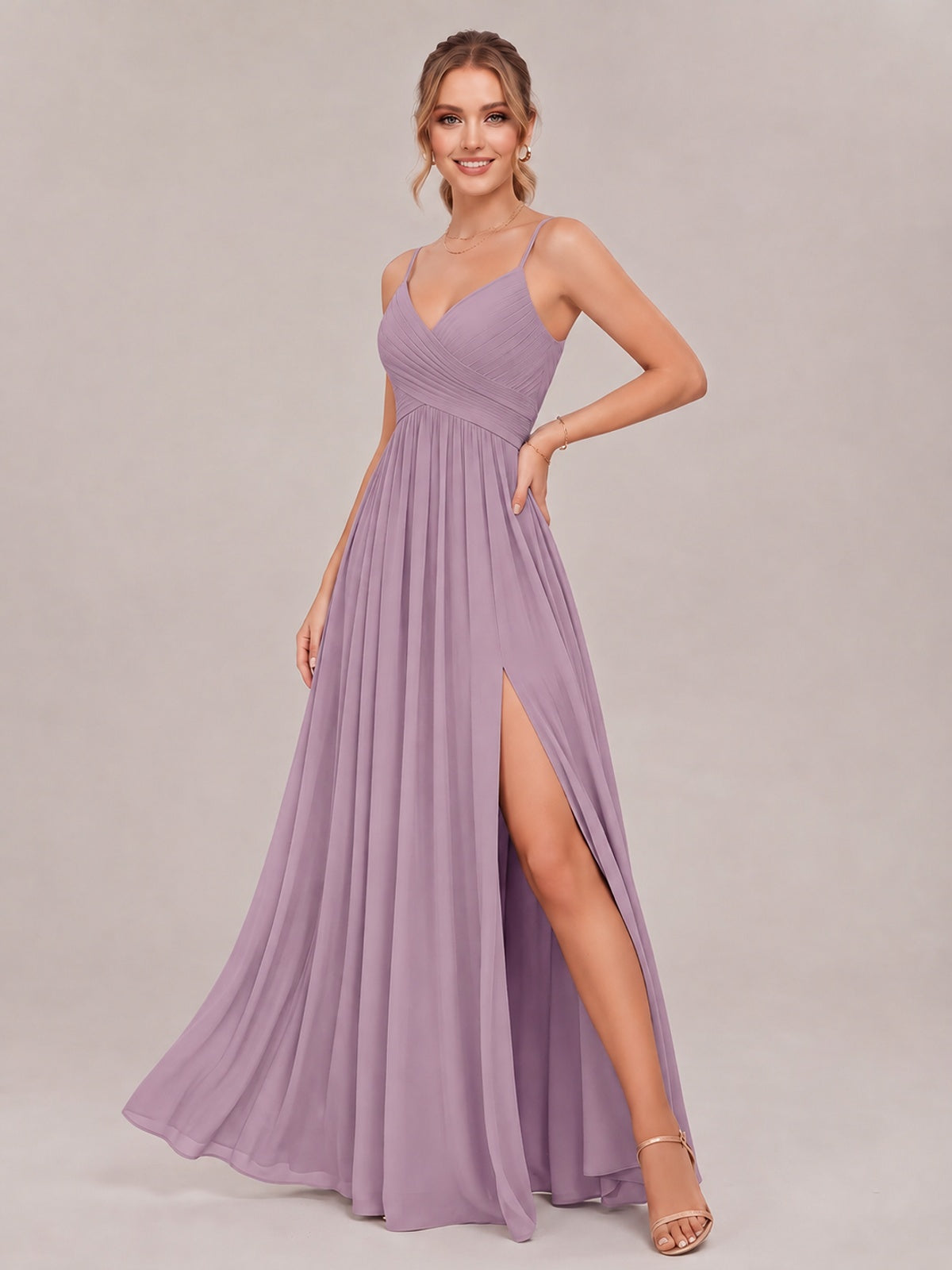 V-Neck Pleated Chiffon Long Bridesmaid Dress with Slit