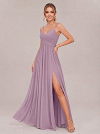 V-Neck Pleated Chiffon Long Bridesmaid Dress with Slit