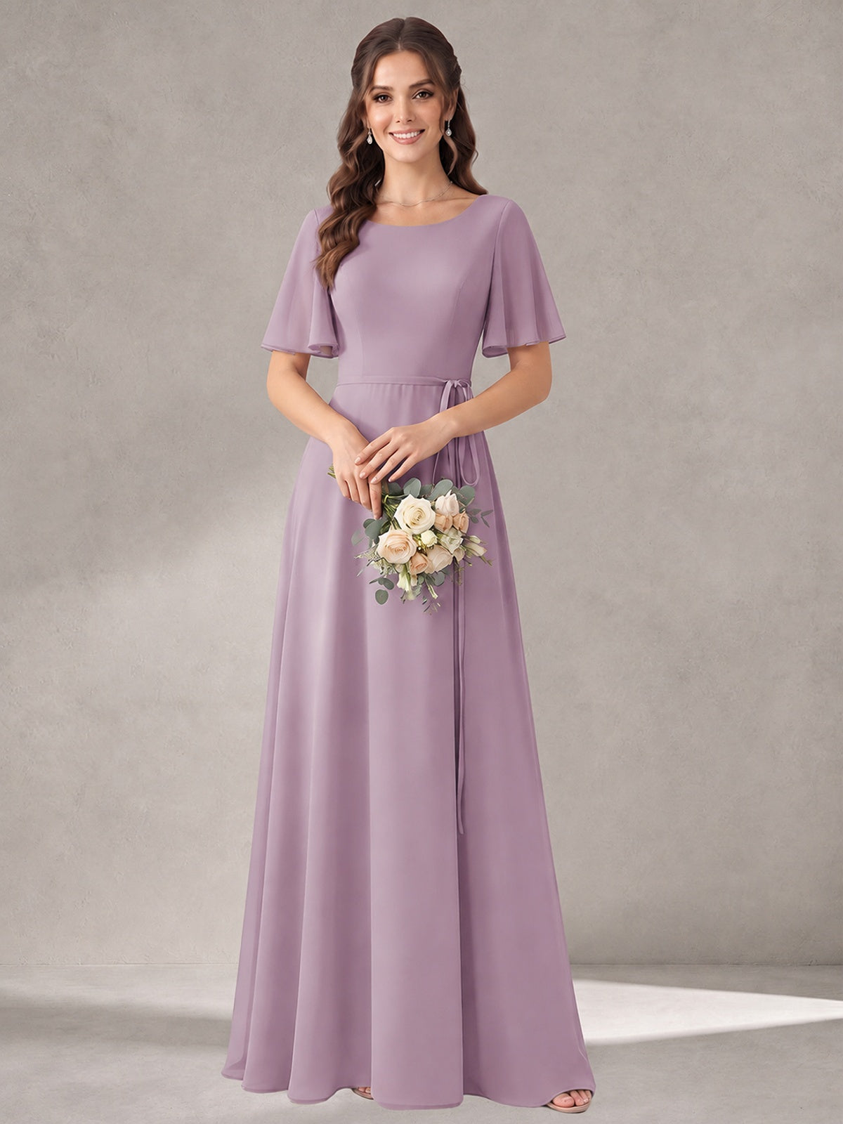 Scoop Neck A-line Chiffon Bridesmaid Dress with Flutter Sleeve & Belt