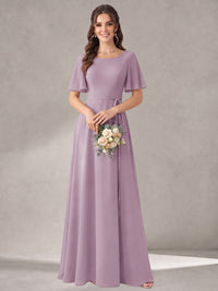 Scoop Neck A-line Chiffon Bridesmaid Dress with Flutter Sleeve & Belt
