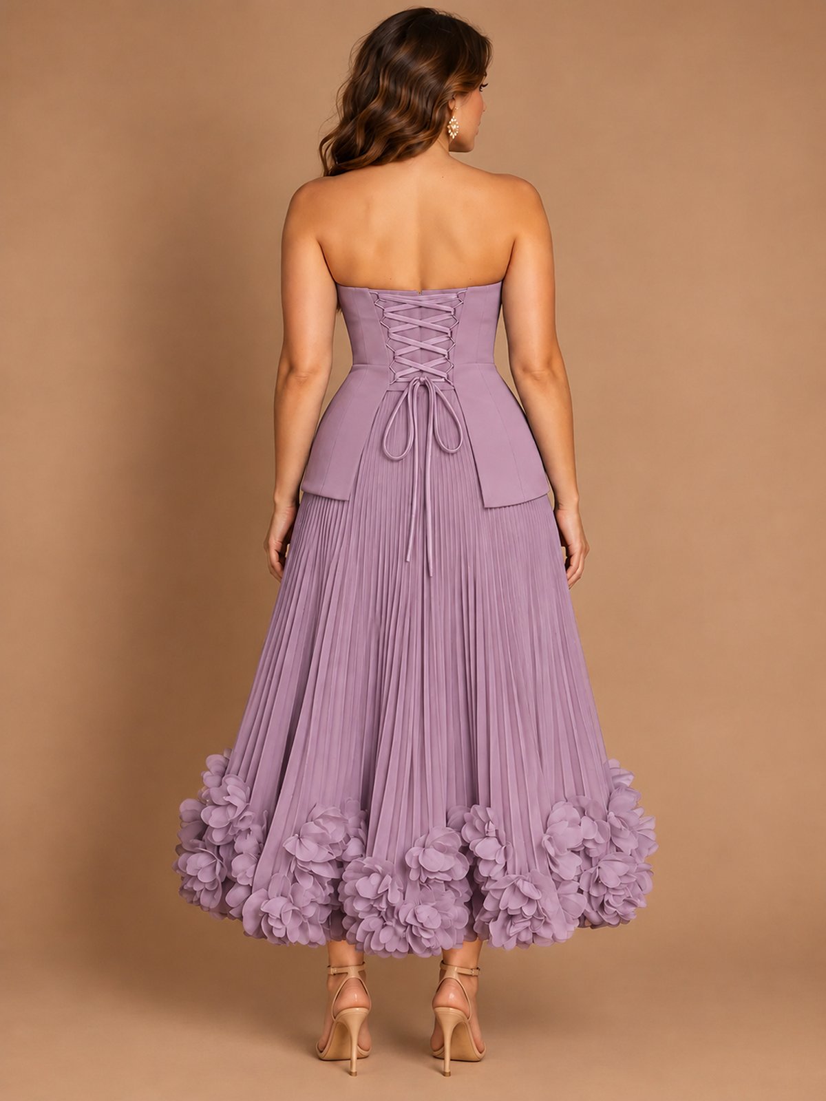 Navy Blue Strapless Pleated A-Line Midi Dress with 3D Floral Applique