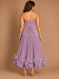 Navy Blue Strapless Pleated A-Line Midi Dress with 3D Floral Applique