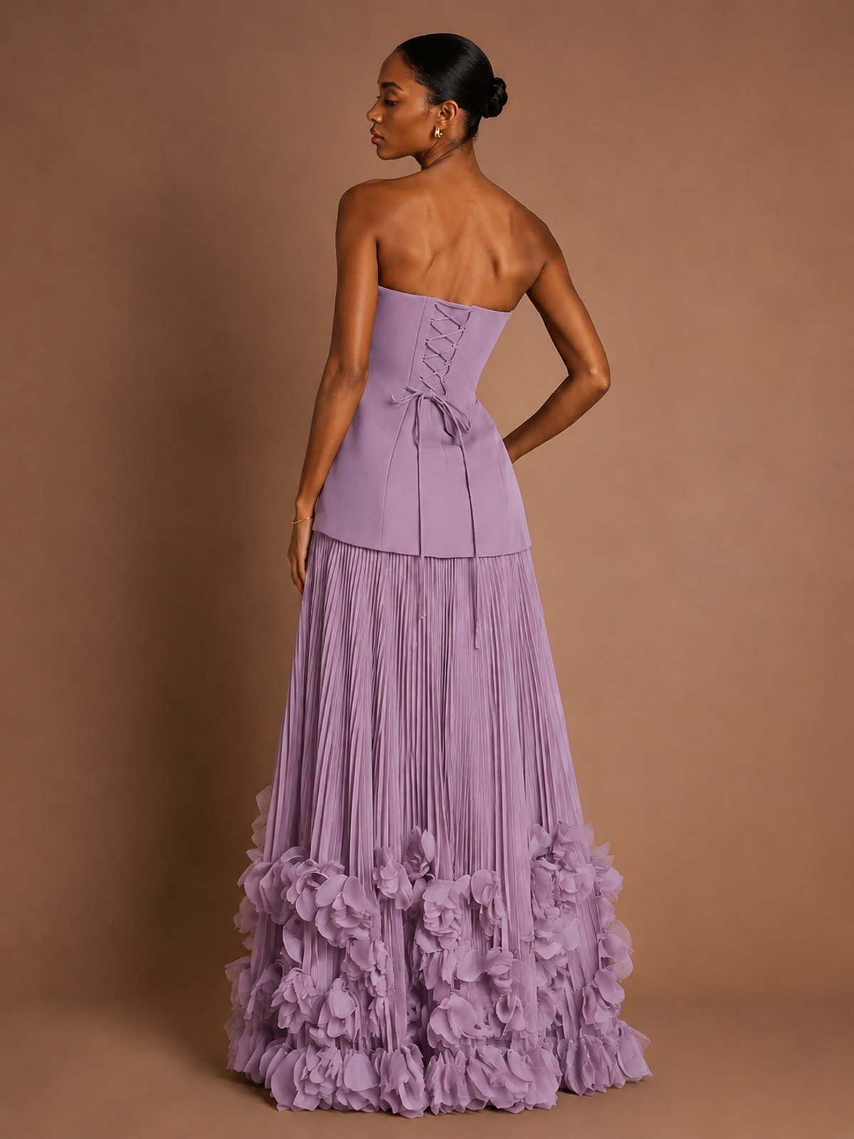 Strapless Pleated Floral Satin Formal Dress with Side Slit