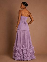 Strapless Pleated Floral Satin Formal Dress with Side Slit