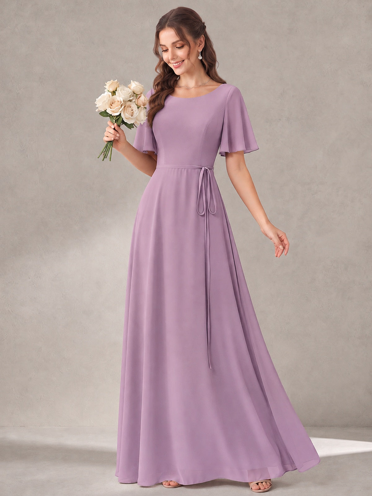 Scoop Neck A-line Chiffon Bridesmaid Dress with Flutter Sleeve & Belt