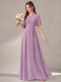 Scoop Neck A-line Chiffon Bridesmaid Dress with Flutter Sleeve & Belt