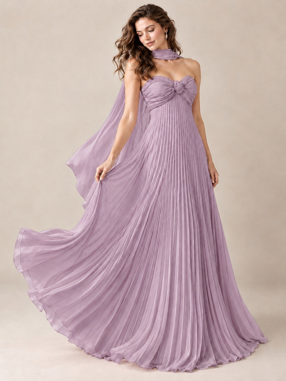Sweetheart Neckline Pleated Prom Dress Strapless A-line Formal Dress with Flowy Scarf