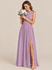 A-line Sleeveless Rucehd Chiffon Bridesmaid Dress with High Slit