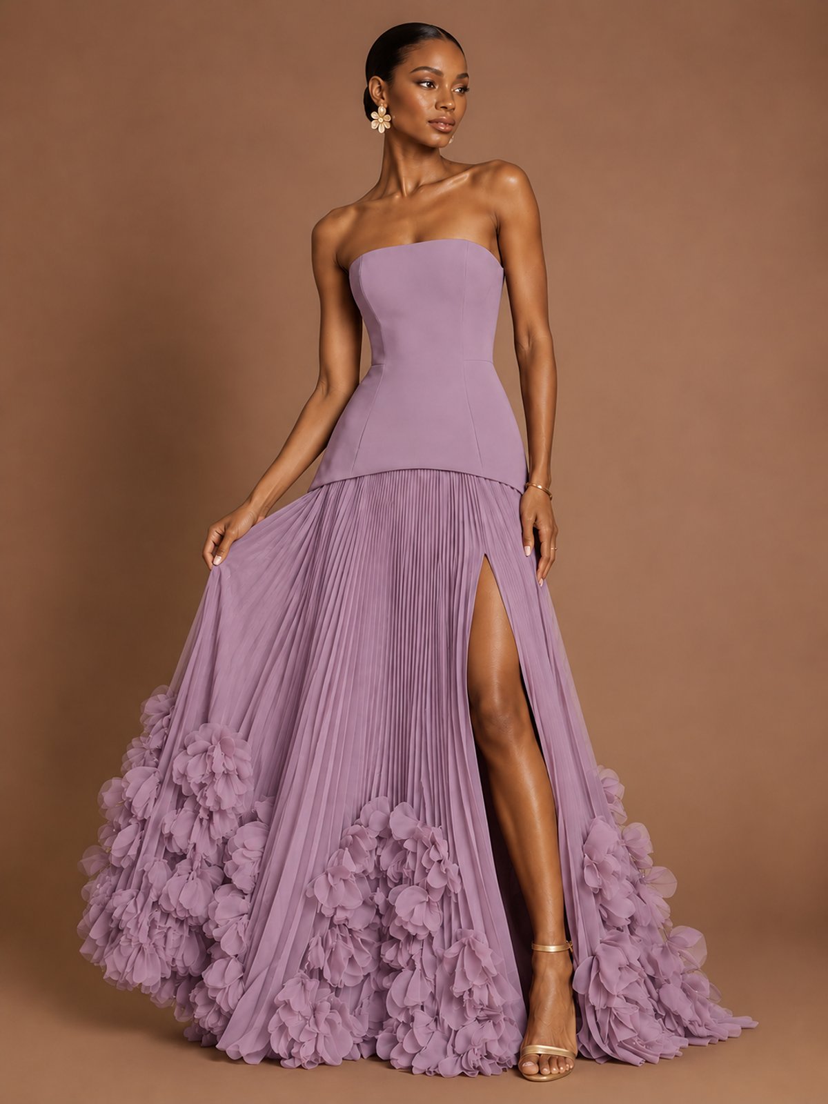 Strapless Pleated Floral Satin Formal Dress with Side Slit