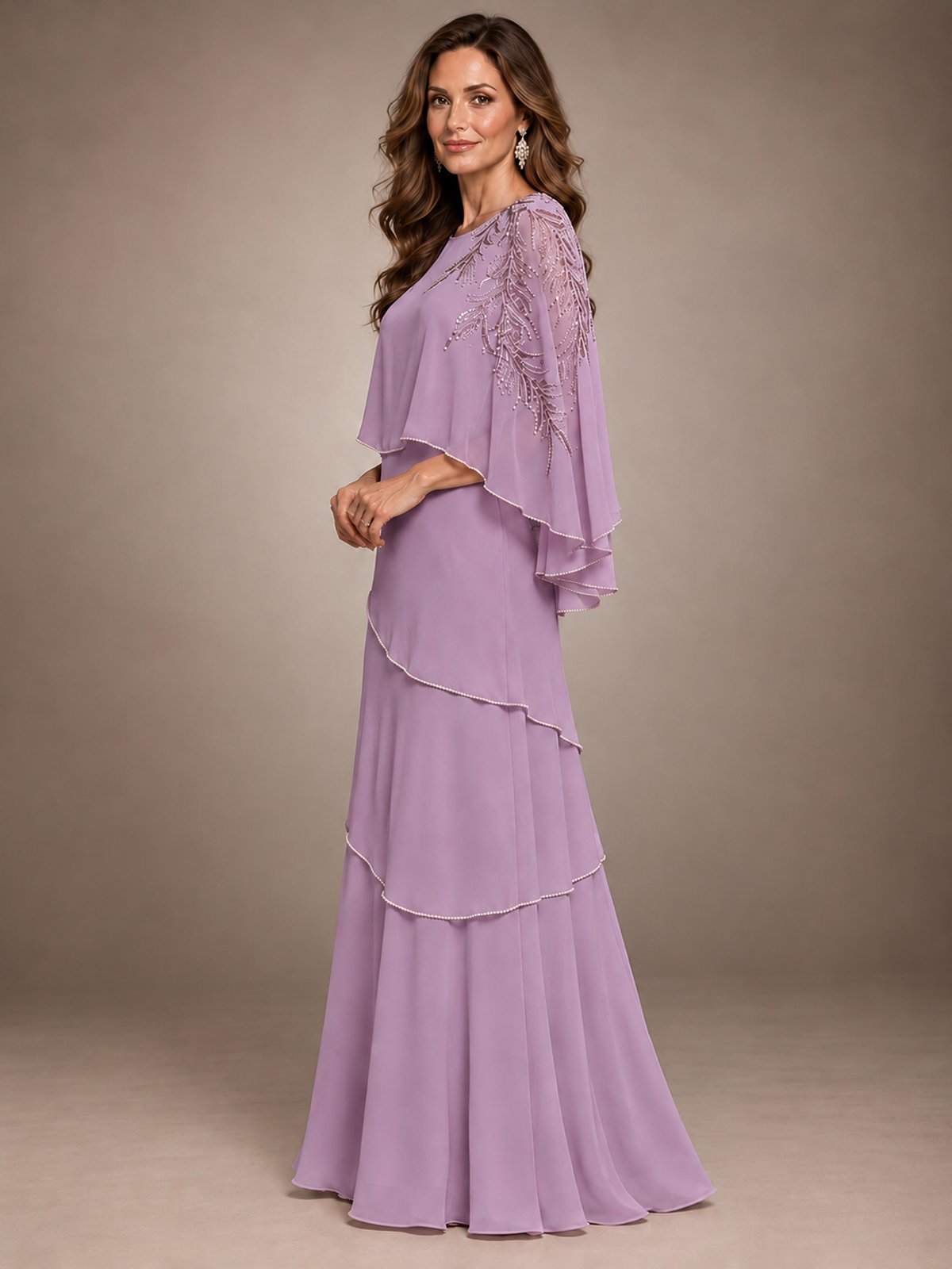 Elegant Chiffon Cape Sleeve Beaded Mother of the Bride Dress