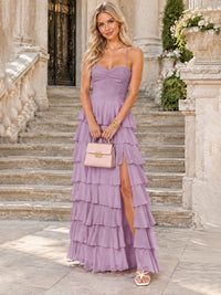 Ruffled Tiered Chiffon Prom Dress Spaghetti Straps Formal Maxi Dress with Slit