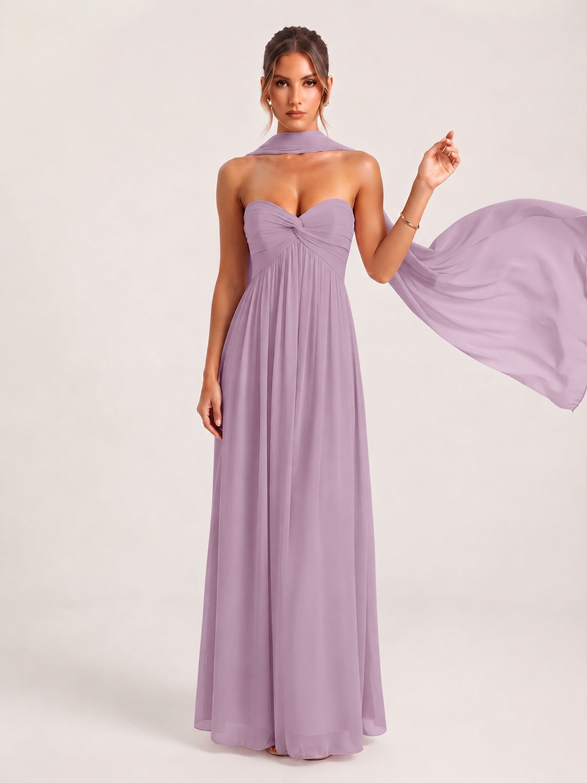 Strapless Ruched Chiffon Long Prom Dress with Scarf