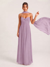 Strapless Ruched Chiffon Long Prom Dress with Scarf