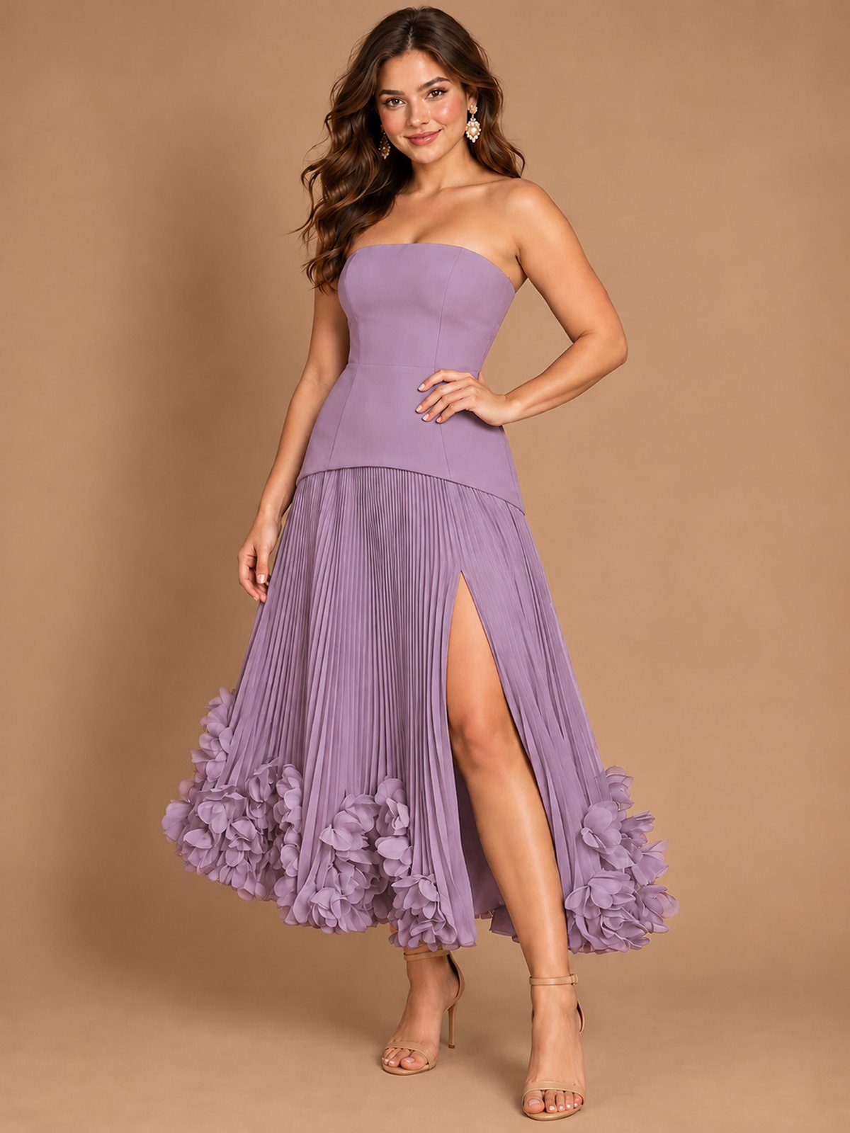 Navy Blue Strapless Pleated A-Line Midi Dress with 3D Floral Applique